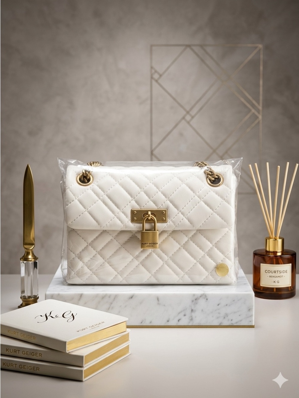 Kurt Geiger Ivory Brixton Quilted Leather Padlock Shoulder Bag